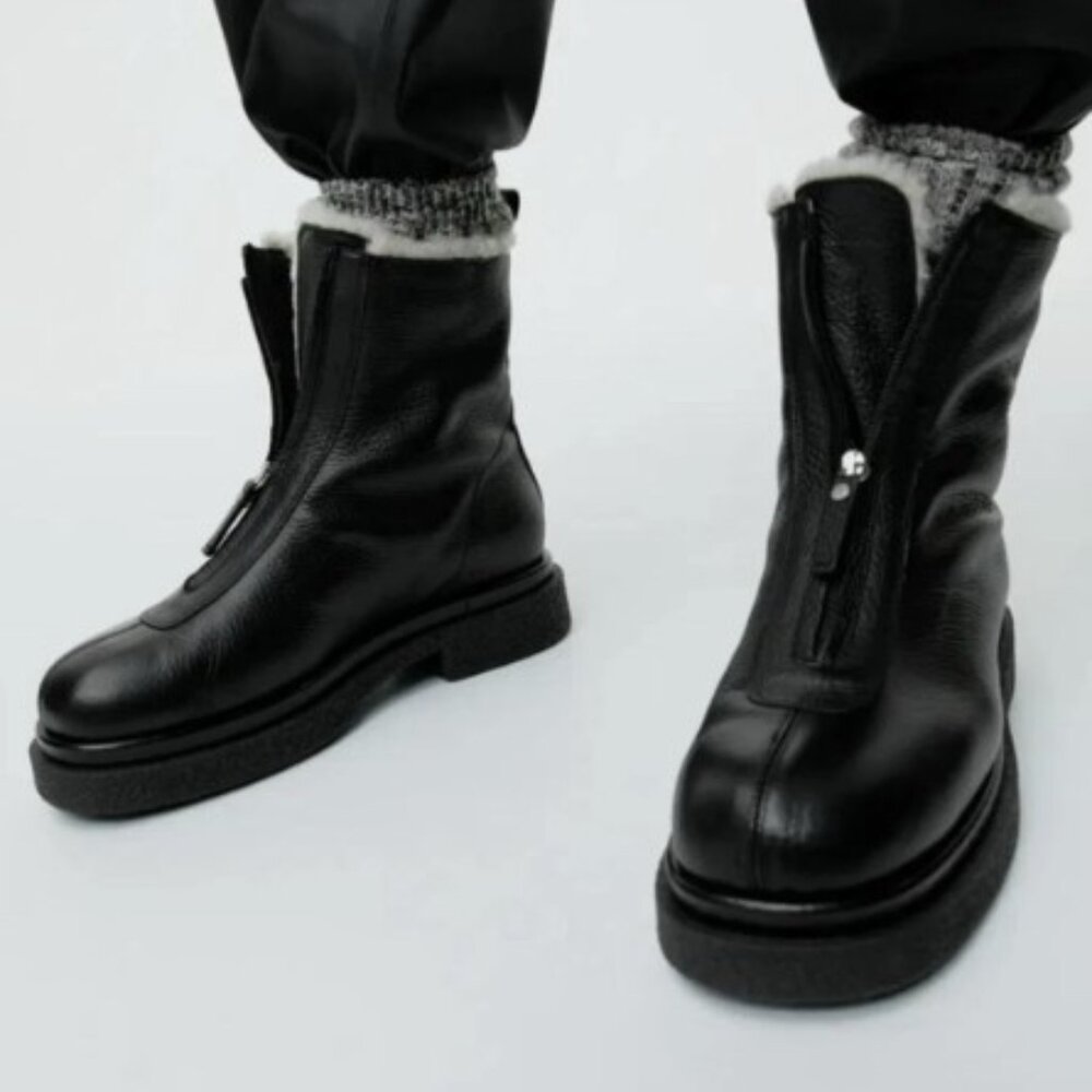 Arket Black Leather Fleece Lined Chunky Ankle Boots Eu40 Uk7 Zipped